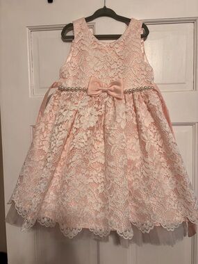 American Princess Peach Lace Flower Girl Dress with Pearl Bow